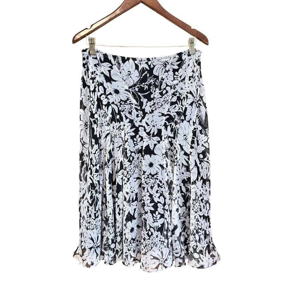 Vintage charter club 100% silk maxi skirt flowy black white floral print size 10